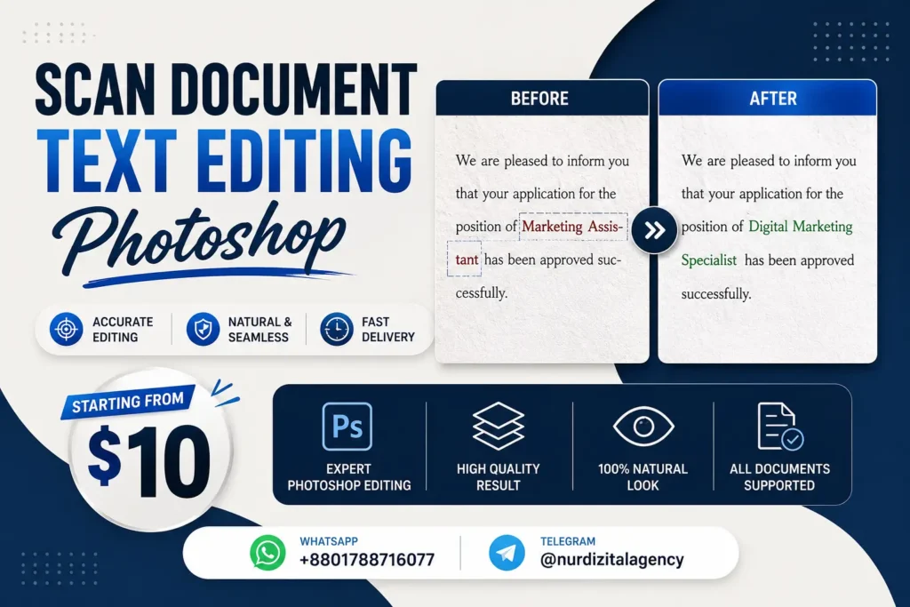 Scan document text editing in Photoshop with accurate font matching, background preservation, and professional document modification.