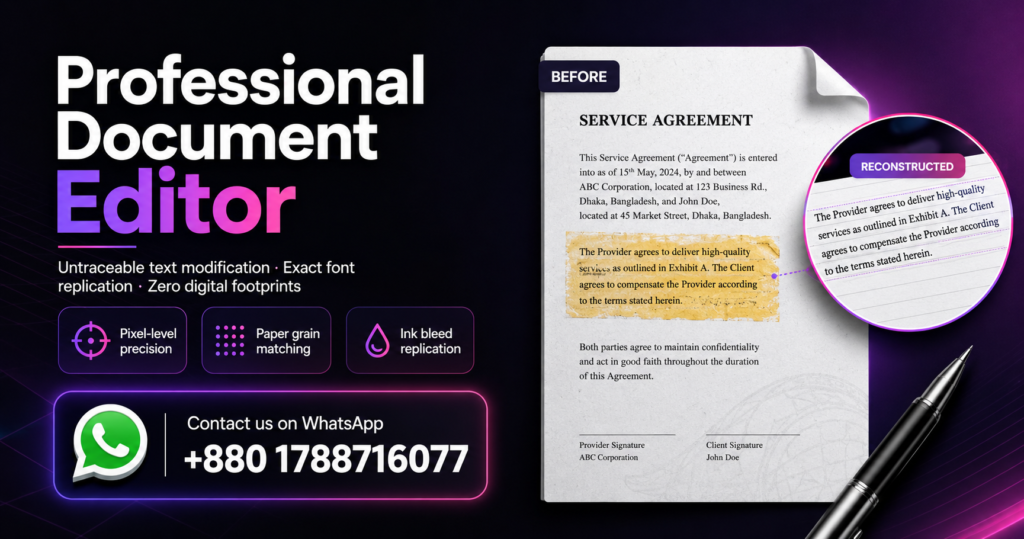 A premium dark-themed promotional banner showcasing a professional document reconstruction and editing service. The design features a modern black background with purple and pink neon accents, highlighting services such as exact font replication, paper texture matching, and pixel-level editing precision. A WhatsApp contact card is prominently displayed alongside a document mockup demonstrating a text reconstruction process in a clean and professional presentation.